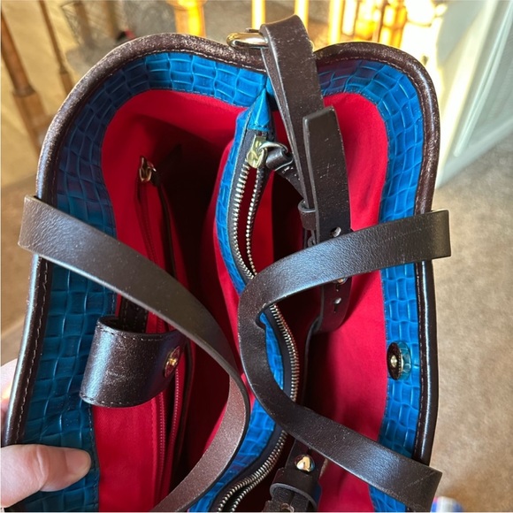 Dooney & Bourke Bright Blue Woven Leather Bucket Bag with Brown Trim - Picture 12 of 13